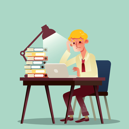 hard working business man with pile of work on desk vector cartoon illustrationのイラスト素材