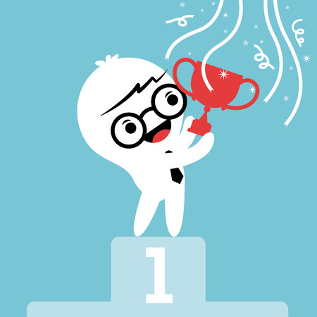 businessman cartoon with trophy on winner podium concept vector illustrationのイラスト素材
