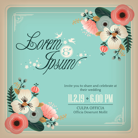 Vintage wedding invitation card with flowers design frameのイラスト素材