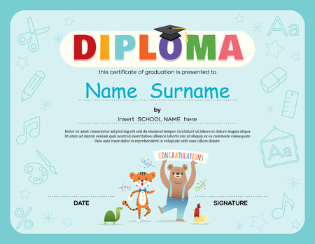 Preschool Kids Diploma certificate background design template with animals cartoonのイラスト素材