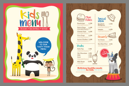 Cute colorful kids meal menu vector template with animals cartoonのイラスト素材