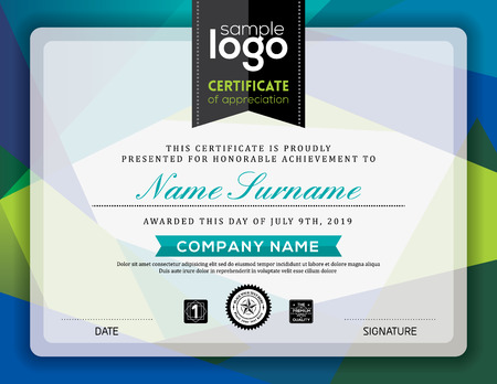 Modern certificate blue and green triangle shape background frame design template