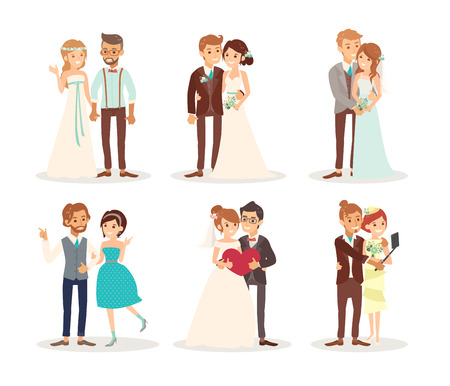 cute wedding couple bride and groom cartoon illustrationのイラスト素材