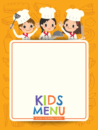 kids menu young chef children with blank menu board cartoon illustrationのイラスト素材