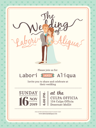 wedding couple groom and bride cartoon wedding invitation card templateのイラスト素材