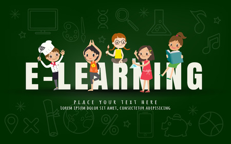 e-learning kids education course concept on chalkboard background vector illustrationのイラスト素材