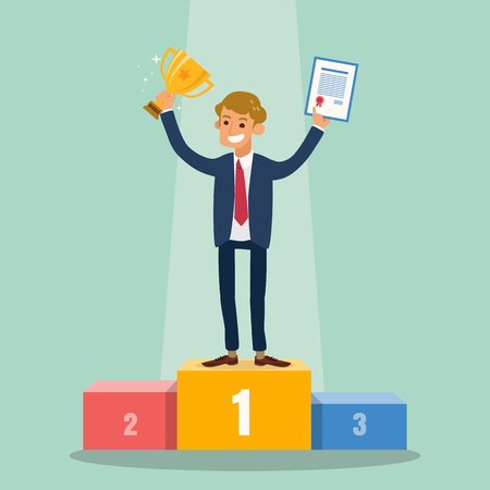 happy businessman winner standing on a podium holding up an award certificate and golden trophyのイラスト素材
