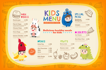 Cute colorful kids meal menu placemat with children dressing up in costumes vector templateのイラスト素材