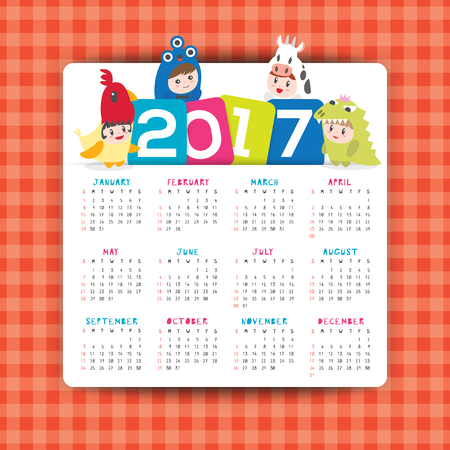 2017 calendar vector template with cartoon illustration of kids in costume, week starts from Sundayのイラスト素材
