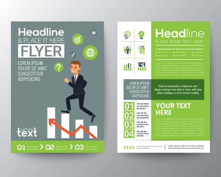 brochure flyer design layout template in A4 size with businessman climbing on red arrow stair chartのイラスト素材