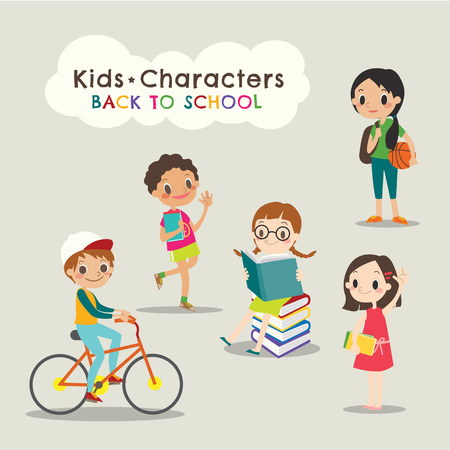happy children reading books back to school concept cartoon vector illustrationのイラスト素材