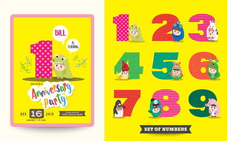 one year anniversary kids birthday celebration background with children cartoon in costume and numbers templateのイラスト素材