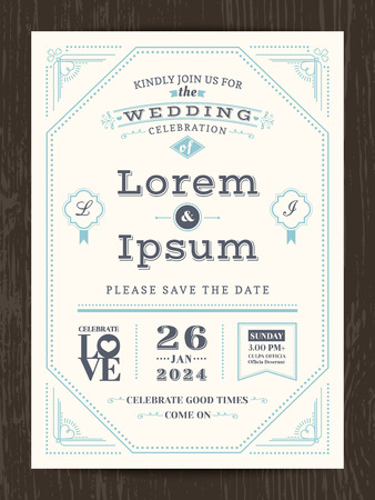 Classic vintage wedding invitation card with blue color border and frameのイラスト素材