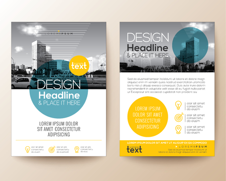poster flyer pamphlet brochure cover design layout with circle shape graphic elements and space for photo background, blue and yellow color scheme, vector template in A4 sizeのイラスト素材