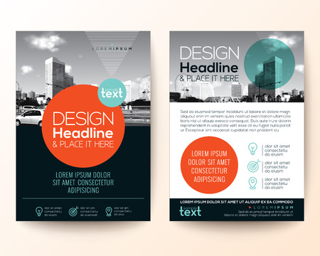poster flyer pamphlet brochure cover design layout with circle shape graphic elements and space for photo background, black, red, turquoise color scheme, vector template in A4 sizeのイラスト素材