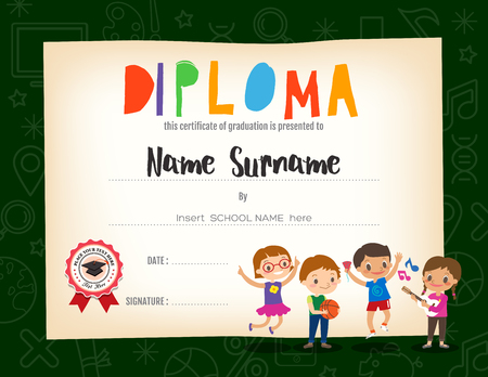 School Kids Diploma certificate background design template with children cartoon illustrationのイラスト素材