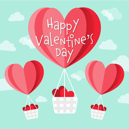 Happy Valentine's day vector heart shaped hot air balloons in the skyのイラスト素材
