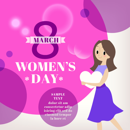 Woman cartoon illustration with 8 March word on background. Women's day celebration conceptのイラスト素材