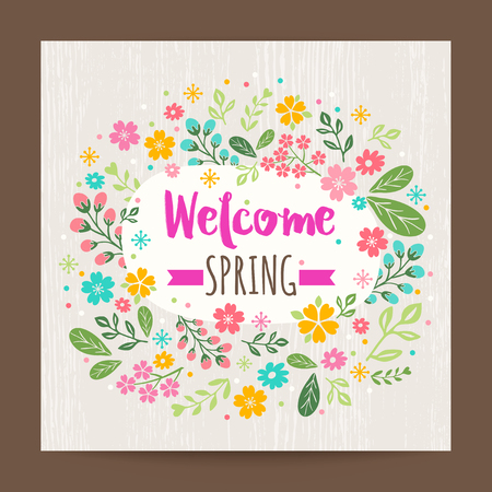 welcome spring season, floral illustration on wood texture backgroundのイラスト素材