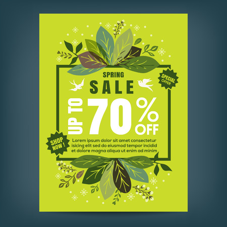 Spring sale poster template with leaves and frame on green background vector illustrationのイラスト素材