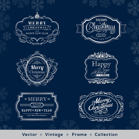 christmas and new year vintage silver frame design element on dark blue backgroundのイラスト素材