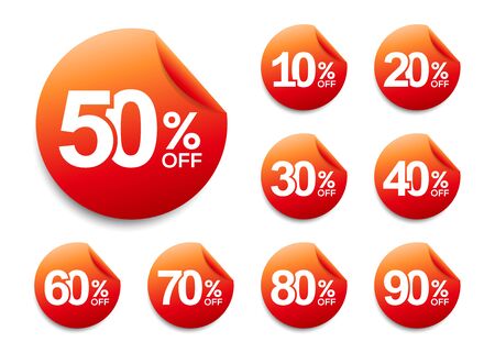 50% off discount sticker, set of 10% to 90% off sale tag,  symbol for advertising campaign in retail, sale promo marketingのイラスト素材