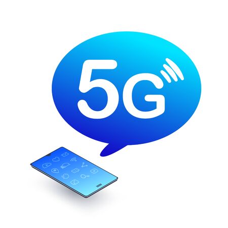 5g phone. smartphone with 5g icon in speech bubble on white backgroundのイラスト素材