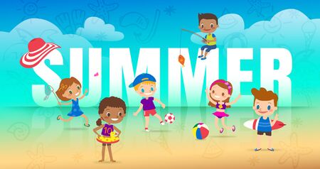 Summer holiday on the beach, children with many outdoor activities. diversity kids with big SUMMER letter on beach background cartoon vector illustration.のイラスト素材
