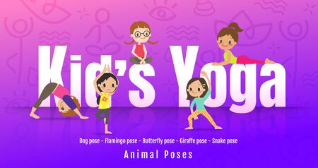 Young kids in different yoga poses, Children doing yoga with animal posture. Vector cartoon illustration.のイラスト素材