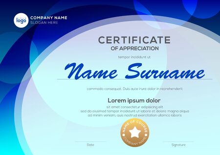 Certificate template with oval shape on blue background. Certificate of appreciation, award diploma design template. Vector illustrationのイラスト素材
