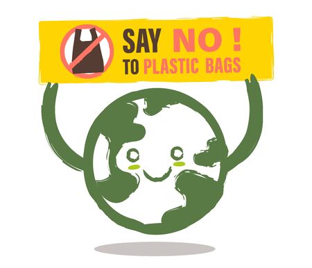 Smiling earth cartoon with Say NO to plastic bag sign. Environmental problem concept illustration. のイラスト素材