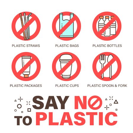 Set of no plastics sign. Environmental problem concept. Simple design, stroke outline style icon.のイラスト素材