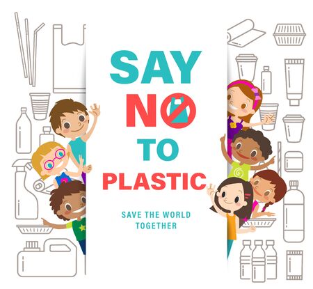 Diverse Group Of Kids with Say no to plastic sign on white background. save the world campaign. plastic packaging line icons style. Vector cartoon illustration.のイラスト素材