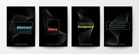 Set of abstract flow wave shape on black background for Brochure, Flyer, Poster, leaflet, Annual report, Book cover, Banner. Graphic Design Layout template, A4 sizeのイラスト素材