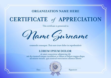 Classic formal certificate of appreciation template. blue color diploma award template.のイラスト素材