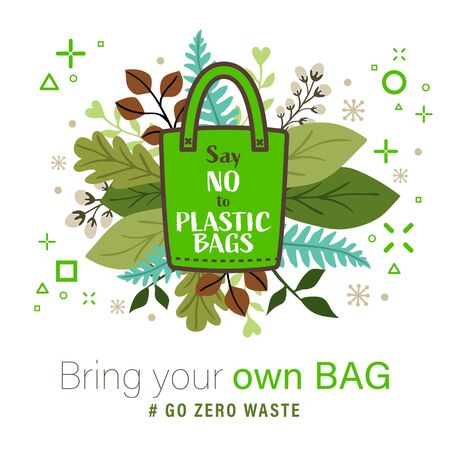 Green Cloth bag with "Say no to plastic bags" word on leaves background. Eco concept vector illustration.のイラスト素材