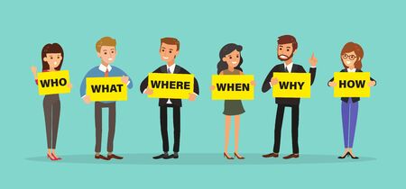 Group of business people holding board with WHO WHAT WHERE WHEN WHY HOW Questions. 5W1H concept vector cartoon character illustration. のイラスト素材