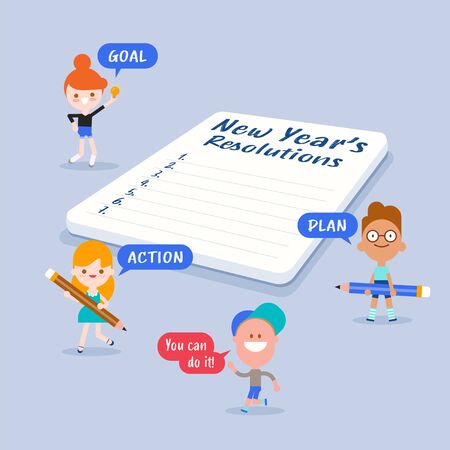 Cheerful tiny kids with New year's resolutions list on notepad. Vector cartoon illustration in flat design style.のイラスト素材