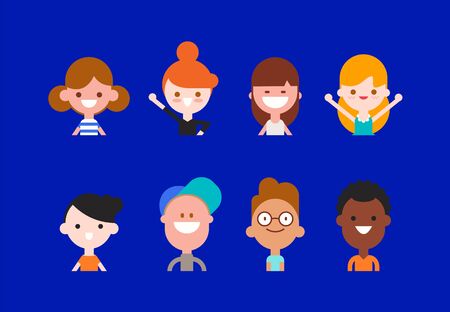 Happy kids character in flat design style isolated. Diversity children portrait avatar cartoon vector illustration.のイラスト素材