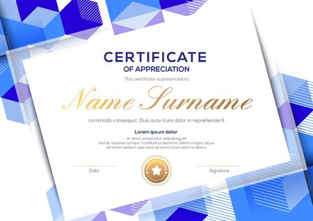 modern certificate of completion template with blue abstract cube shape graphic backgroundのイラスト素材