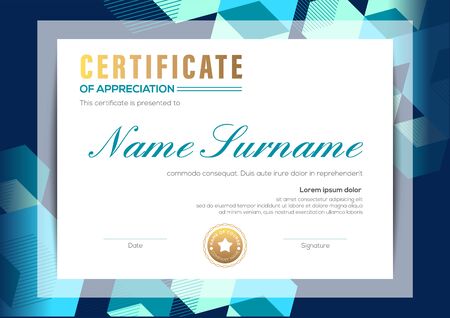 modern certificate of completion template with blue abstract cube shape graphic backgroundのイラスト素材