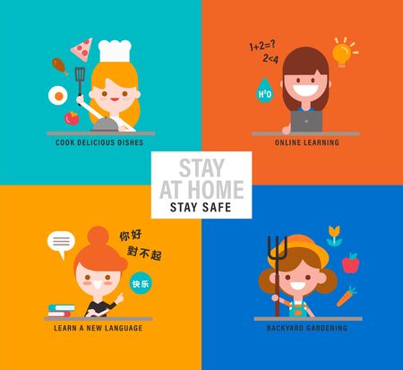 Happy girls with different activities at home during pandemic. Vector cartoon character in flat design style illustration.のイラスト素材