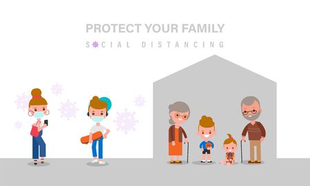 Social Distancing, Elderly and child should stay at home for safety during Covid-19 virus pandemic. People keeping distance. vector illustration in flat design style cartoon.のイラスト素材