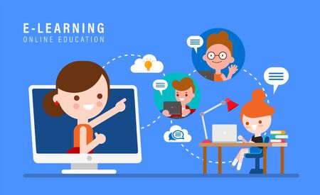 E-learning online education concept illustration. Online teacher on computer monitor. Kids studying at home via internet. vector cartoon in flat design style.のイラスト素材