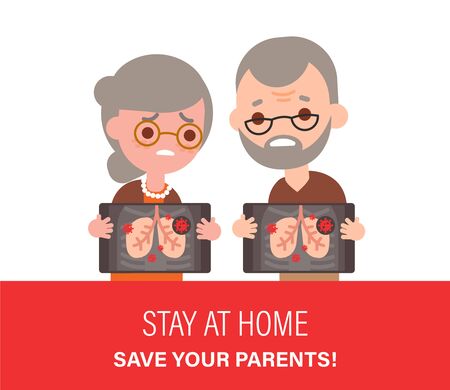 Sad Elderly Couple Holds Positive Covid-2019 lung X-Ray Test Result. vector illustration in flat design style cartoon.のイラスト素材