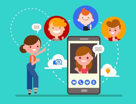 Group of friends chatting online by video call app with smartphone. Social media technology concept illustration. Flat design style cartoon character.のイラスト素材