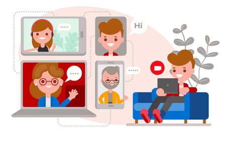 Relaxed Man sitting on sofa, chatting with his friends and family using video call app on laptop and smartphone. flat design vector cartoon characters. のイラスト素材