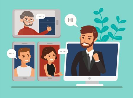 Remote working with a business team meeting held via a video conference call. Flat design style online meeting concept illustration. Online webinar, Work form home.のイラスト素材