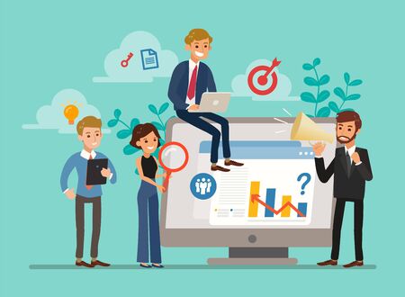 Vector illustration of tiny characters business analysts or auditors analyzing statistical data to make strategic business decisions using big computer screen. Analytics concept.のイラスト素材