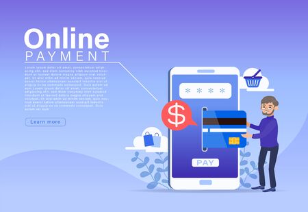 Online Payment concept, People character making payment with credit card on smartphone. Mobile shopping landing page. Flat design style illustration.のイラスト素材